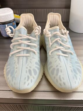 Yeezy women’s Light Blue and Off-white  Knit Sneakers